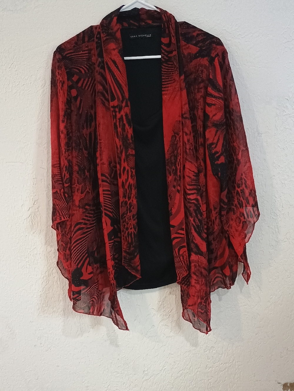 Sara Michelle Red and Black Patterned Open-Front Women's Blazer